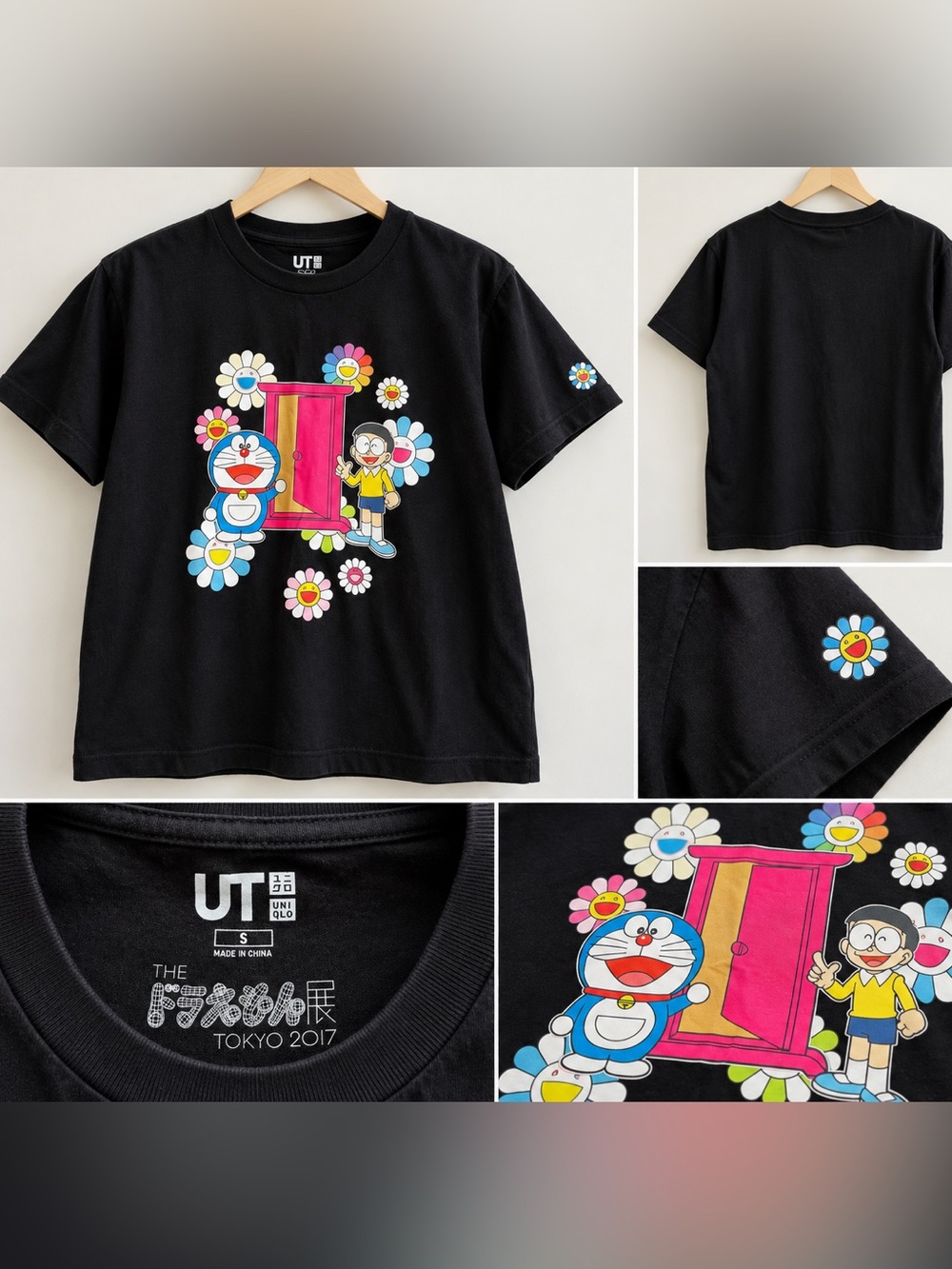 Uniqlo Black Kids Doraemon & Flowers Graphic Tee